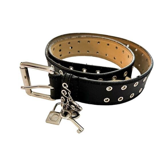Guess Silver Charms Studded Leather Belt Black Size M NWT - Picture 1 of 5